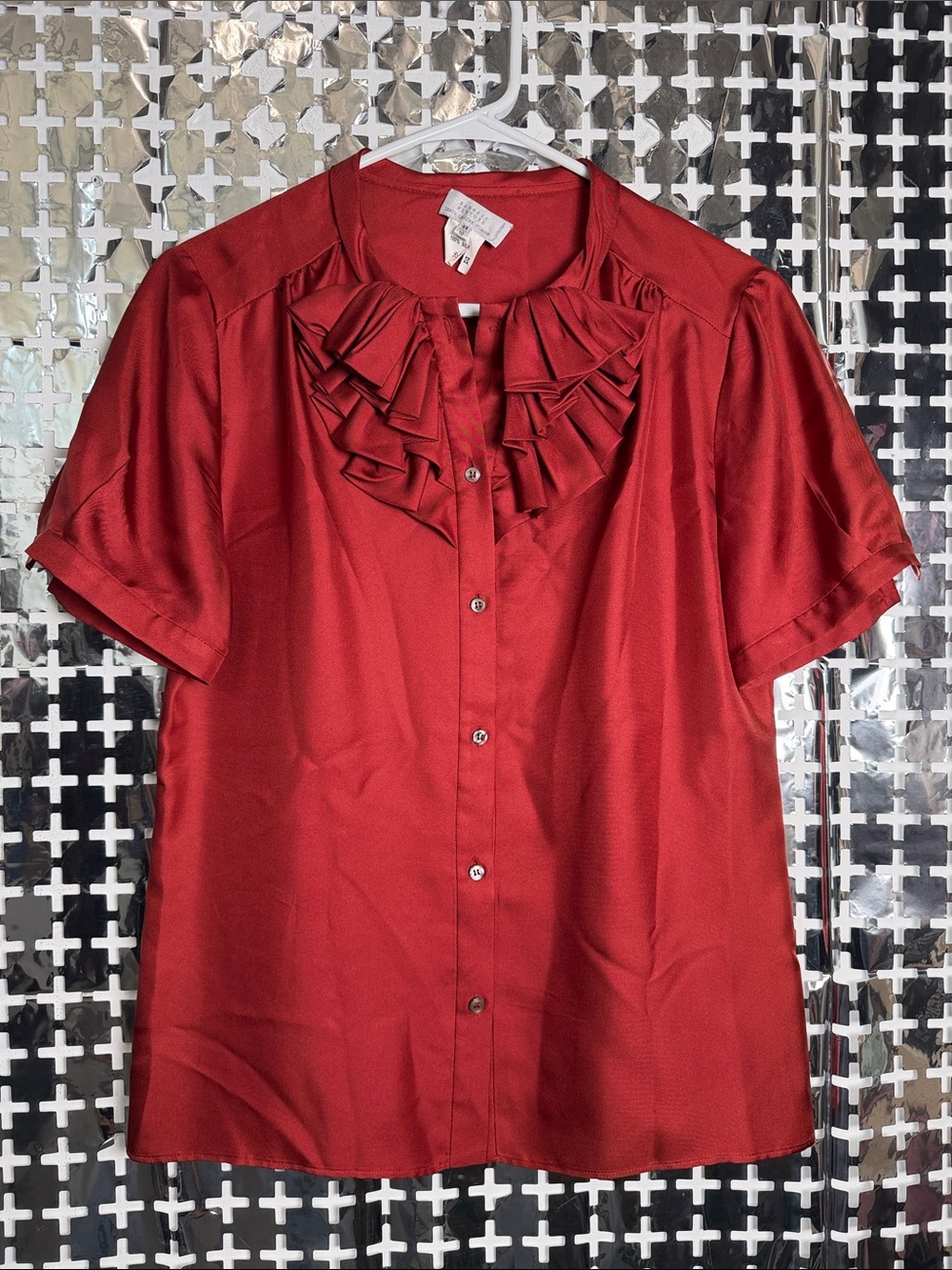 Barneys New York Ruffled Front Short-Sleeve Blouse in Red
